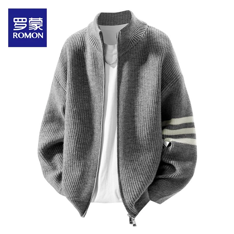罗蒙针织开衫条纹毛衣男款2025新款春秋季立领百搭休闲上衣外套男