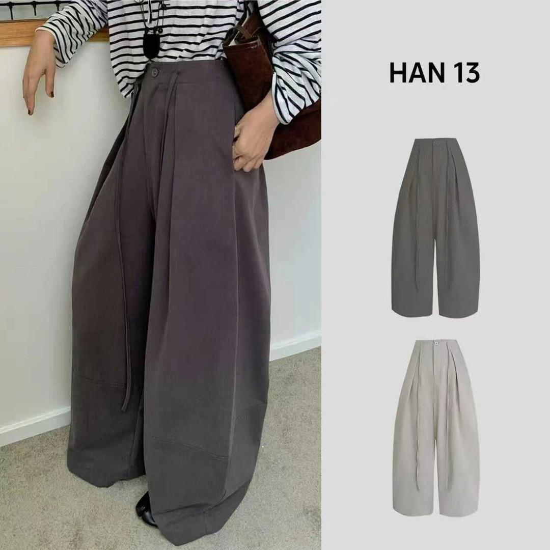 韩系新款慵懒感百搭阔腿裤老钱风褶皱垂感抽绳气球裤女5004