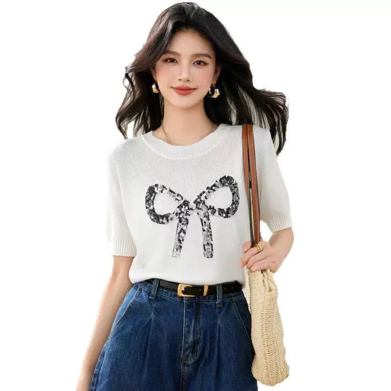 当天发货蝴蝶结亮片短袖针织衫恤女夏遮肉漂亮小衫冰丝上衣