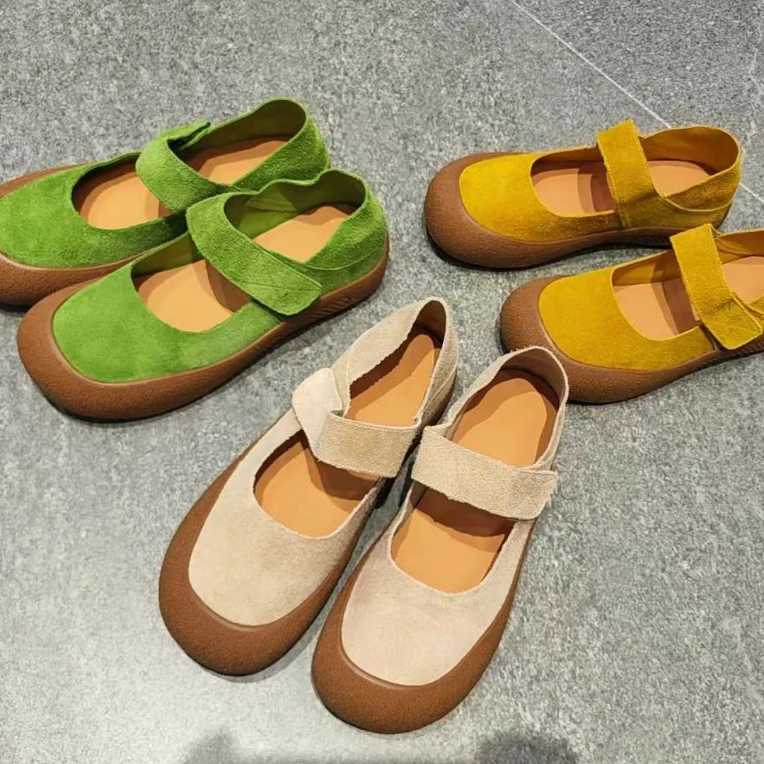 2025春秋季头层牛皮圆头浅口魔术贴单鞋真皮软底轻便平底鞋玛丽珍