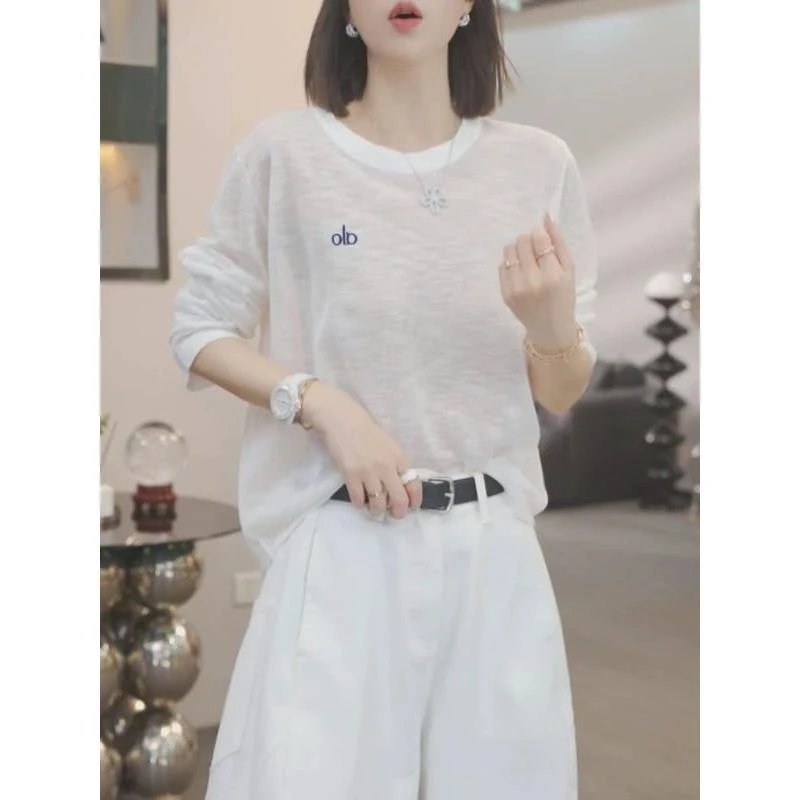 高级感白色长袖t恤女士夏季2025新款薄款冰丝空调上衣衣罩衫