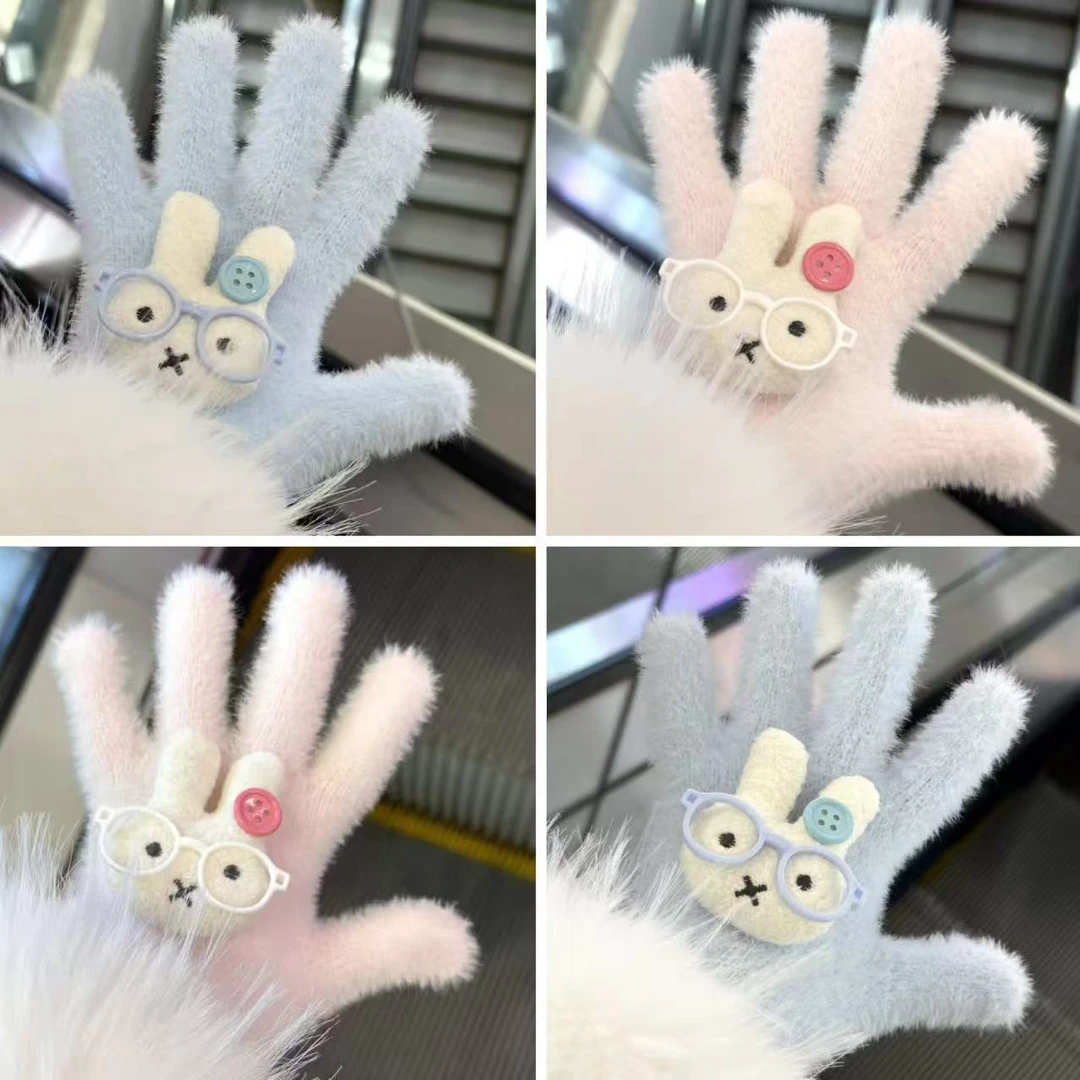 新款眼镜达菲手套可爱毛绒学生少女骑行分指女冬季保暖防寒韩版