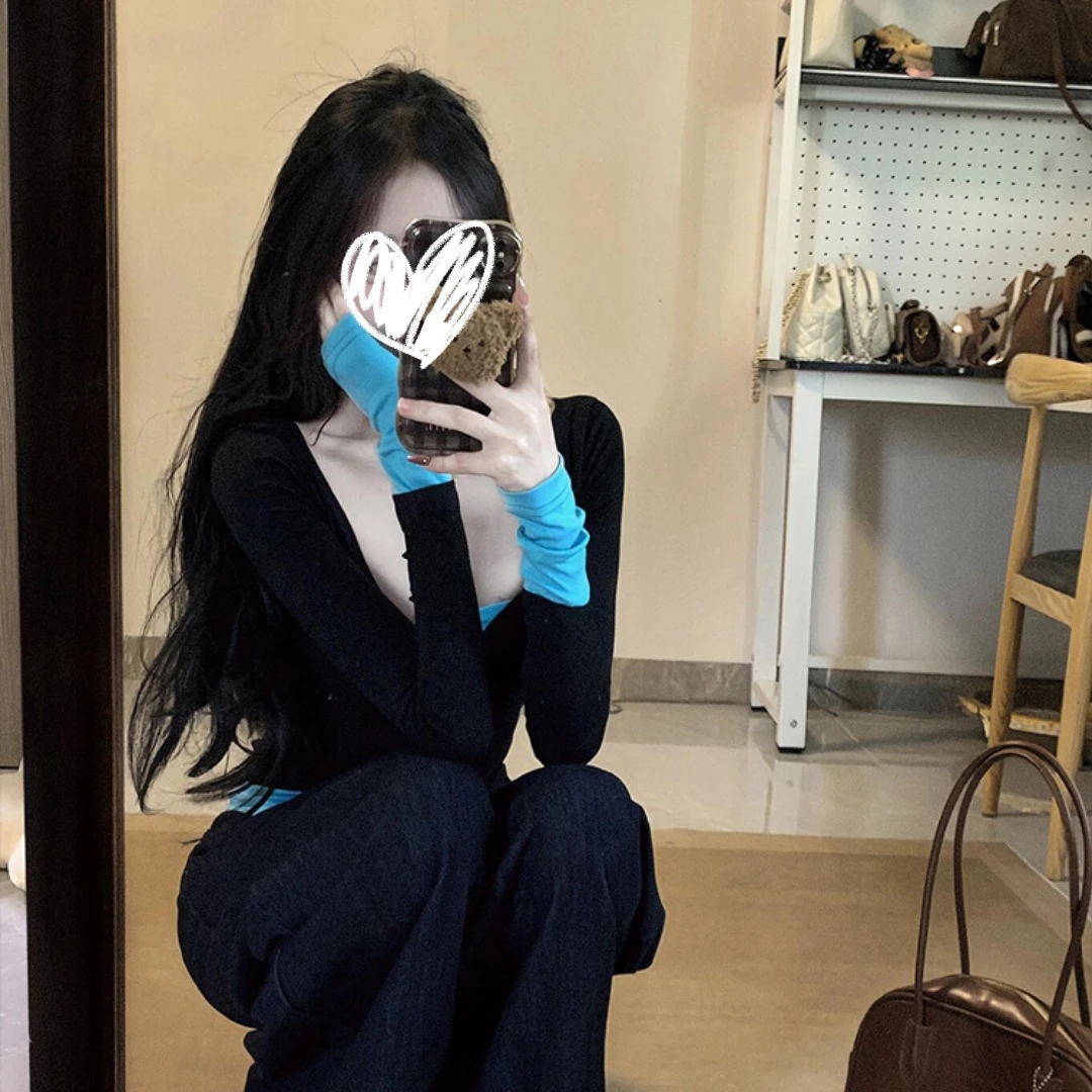艺等韩系穿搭撞色假两件长袖t恤秋季新款纯欲性感内搭显瘦女上衣