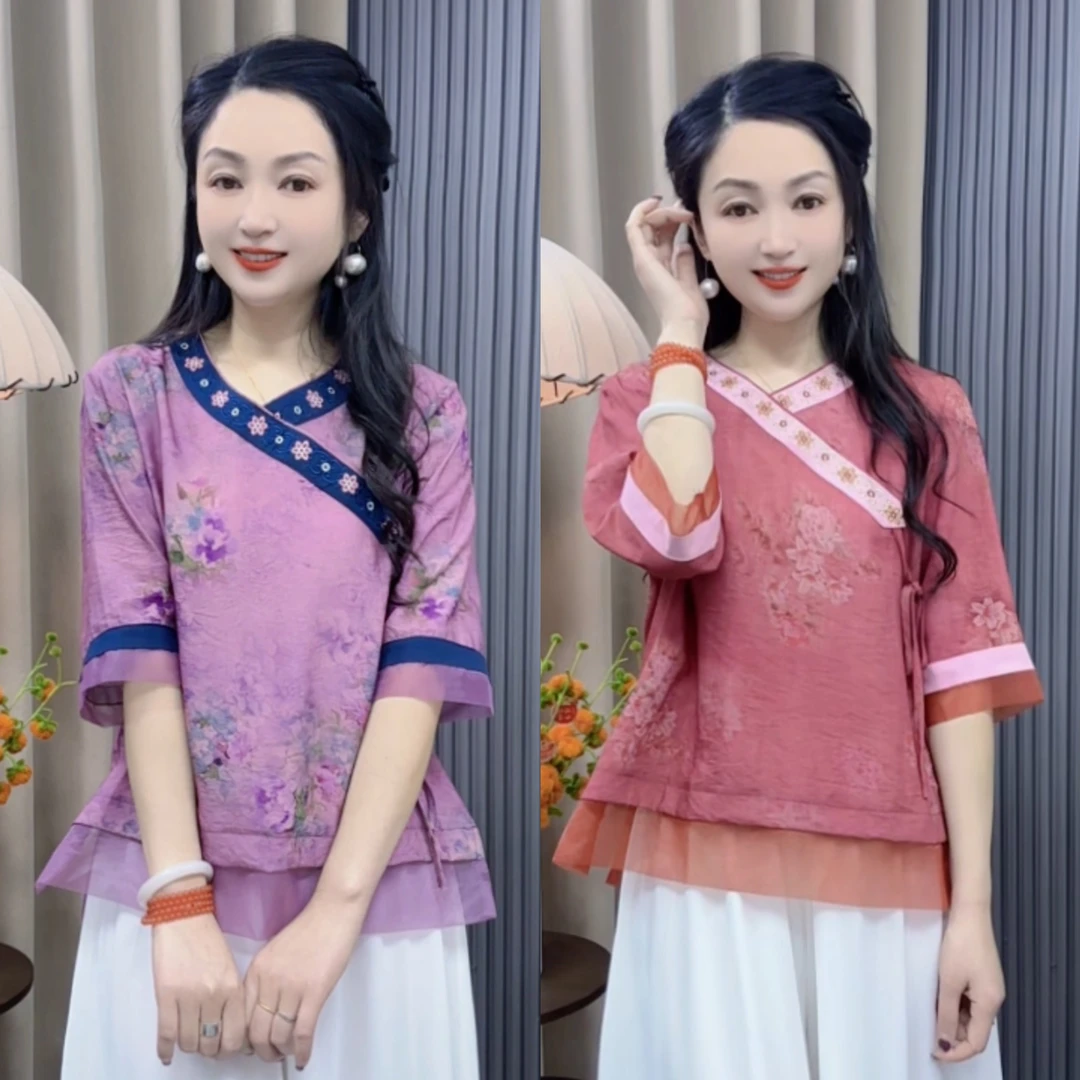 2025春夏显瘦百搭气质古风宽松文艺斜襟复古中式中国风民族风上衣