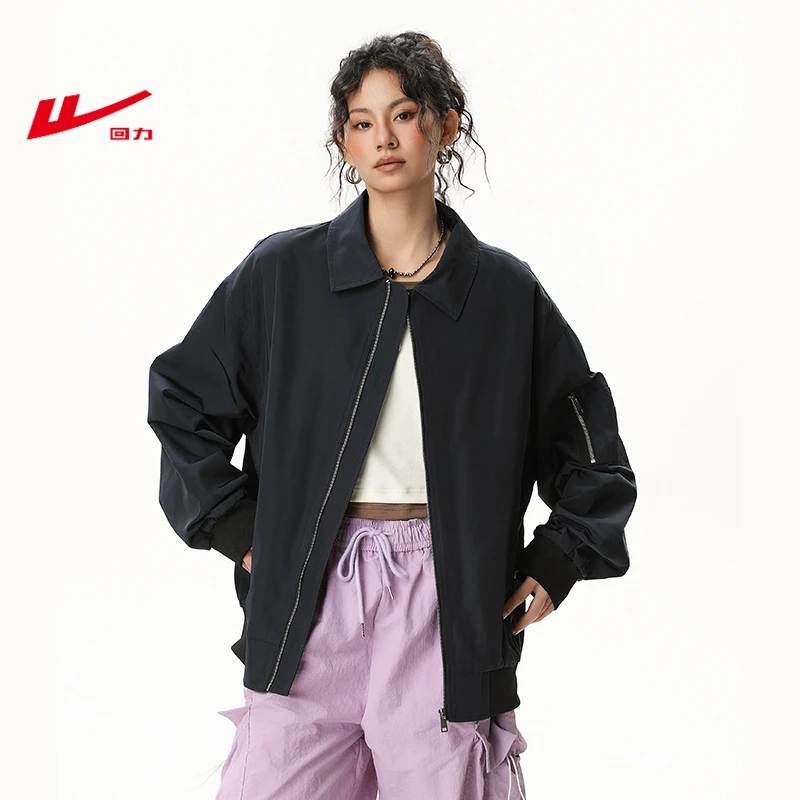 Warrior/回力简约长袖宽松春秋防风秋季休闲夹克翻领百搭黑色工装