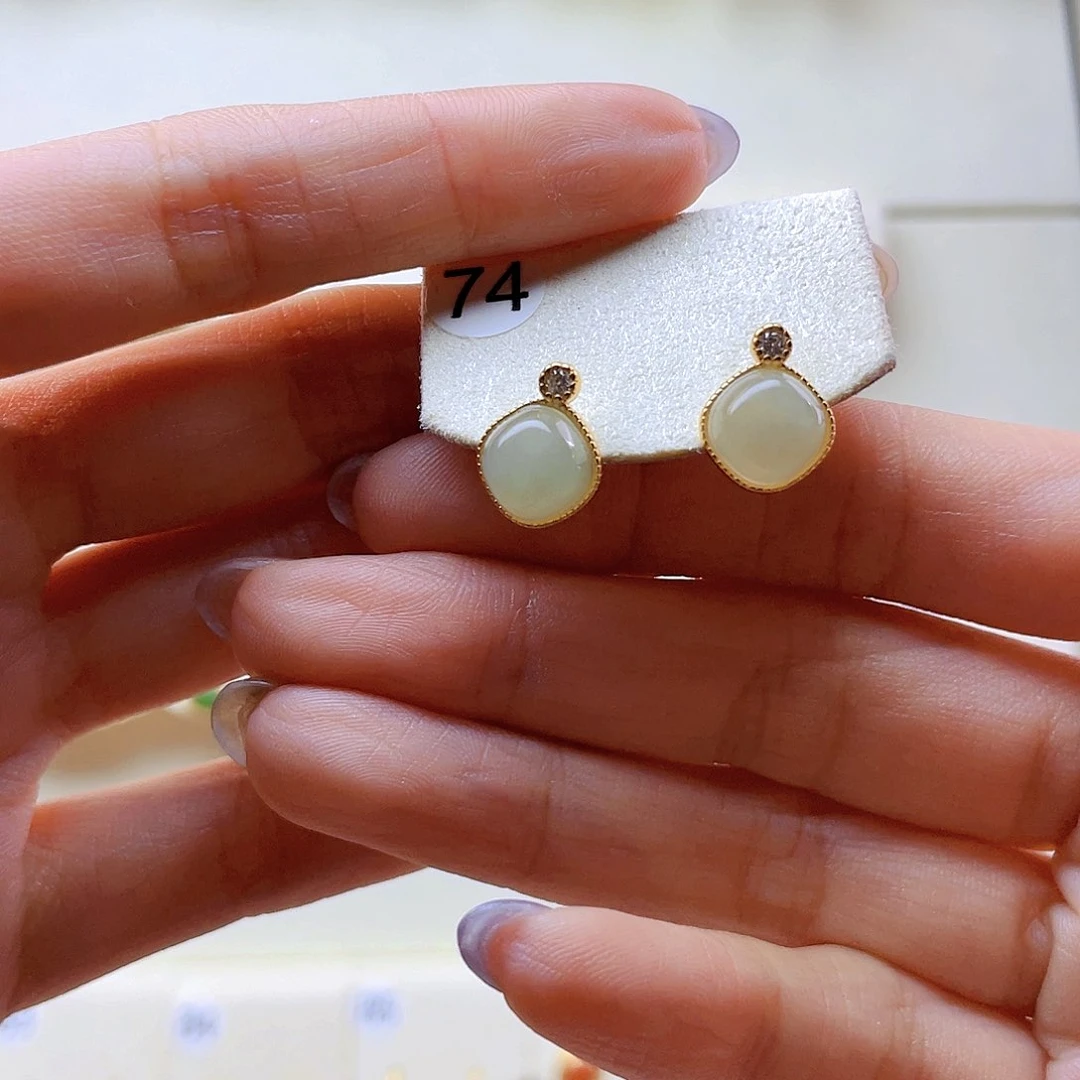 和田玉耳饰银S925镀金镶嵌