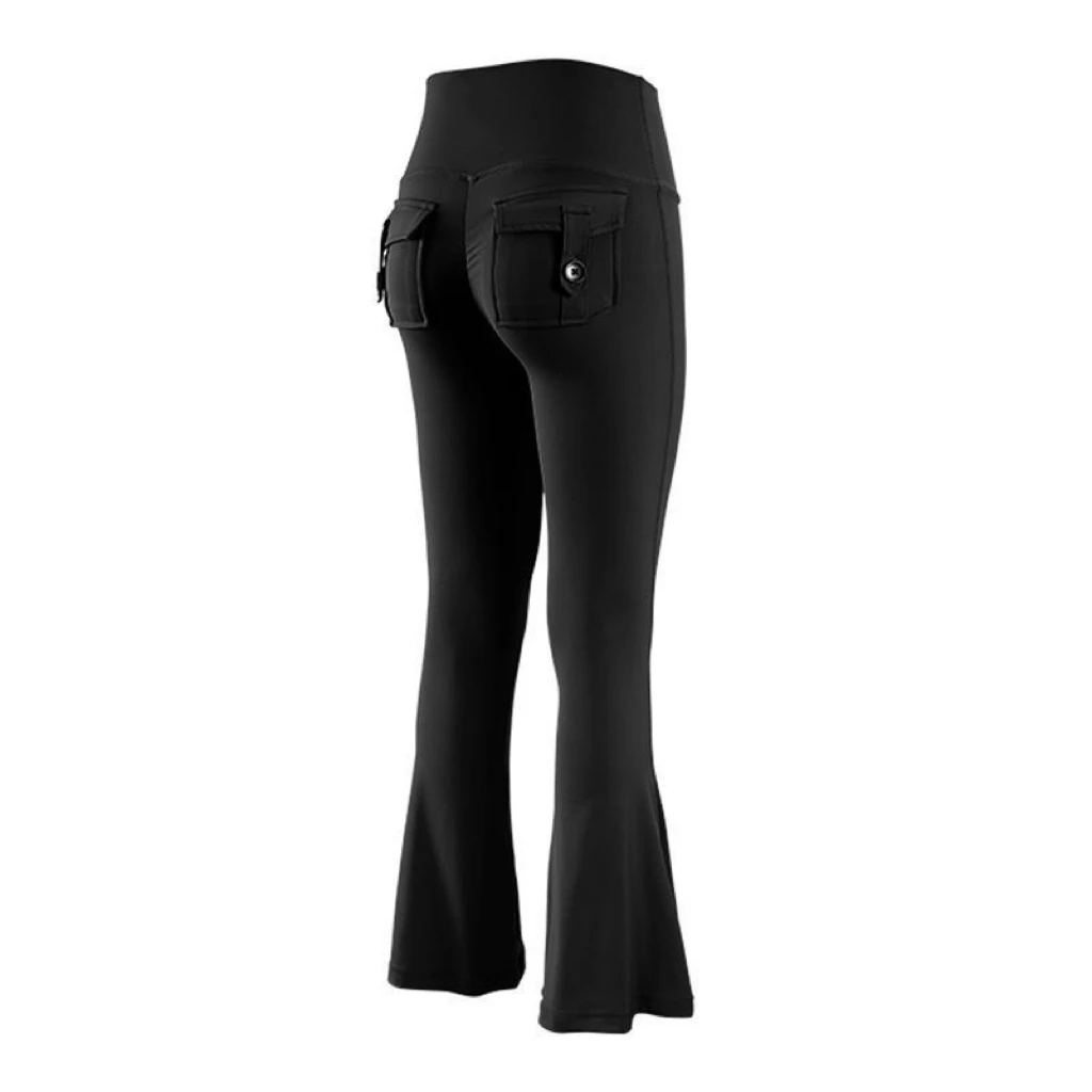 Y家口袋工装蜜桃收腹高腰微喇瑜伽长裤健身跑步外穿