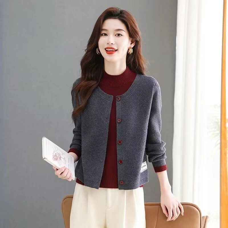 春装2025年新款假两件针织开衫女时尚休闲百搭洋气外穿外套上衣服