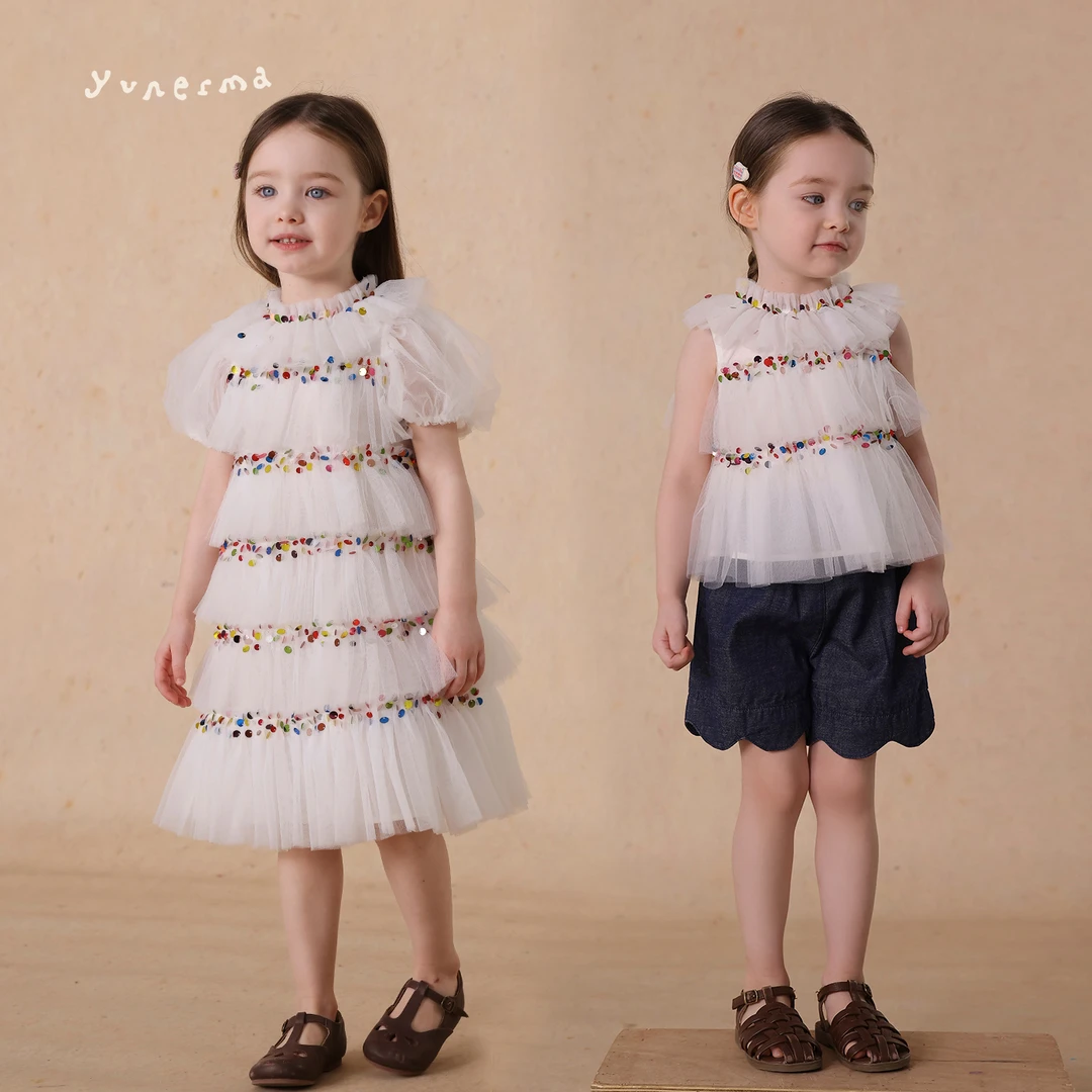 女童手工亮片泡泡袖娃娃衫允儿妈蓬蓬纱蛋糕裙宝宝六一生日礼服潮