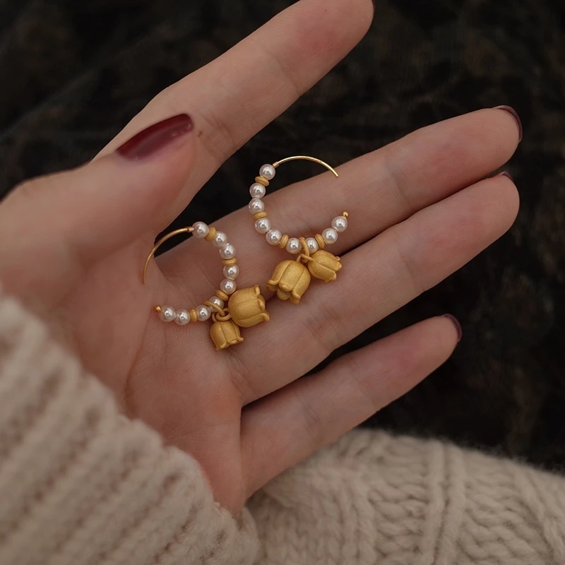 铜合金耳饰 法式复古金色铃兰花耳环2025新款爆款高级感精致耳饰