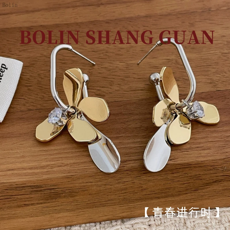 铜合金耳饰 鼎溢法式复古小众设计简约气质金属撞色花朵