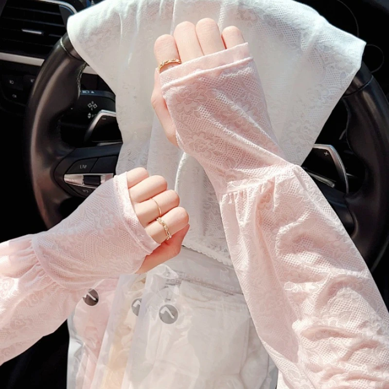 夏季透气防晒冰袖薄款开车温柔仙女风蕾丝防晒宽松护袖女冰丝袖套