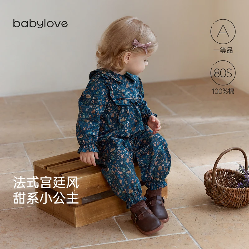 babylove婴儿连体衣女宝宝纯棉府绸哈衣爬服春秋季法式宫廷风长袖