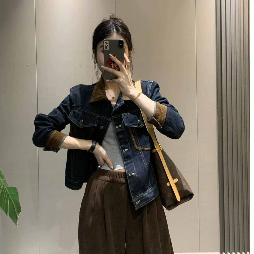 丹宁色高级感复古灯芯绒撞色牛仔外套女2025春季新款时尚夹克上衣