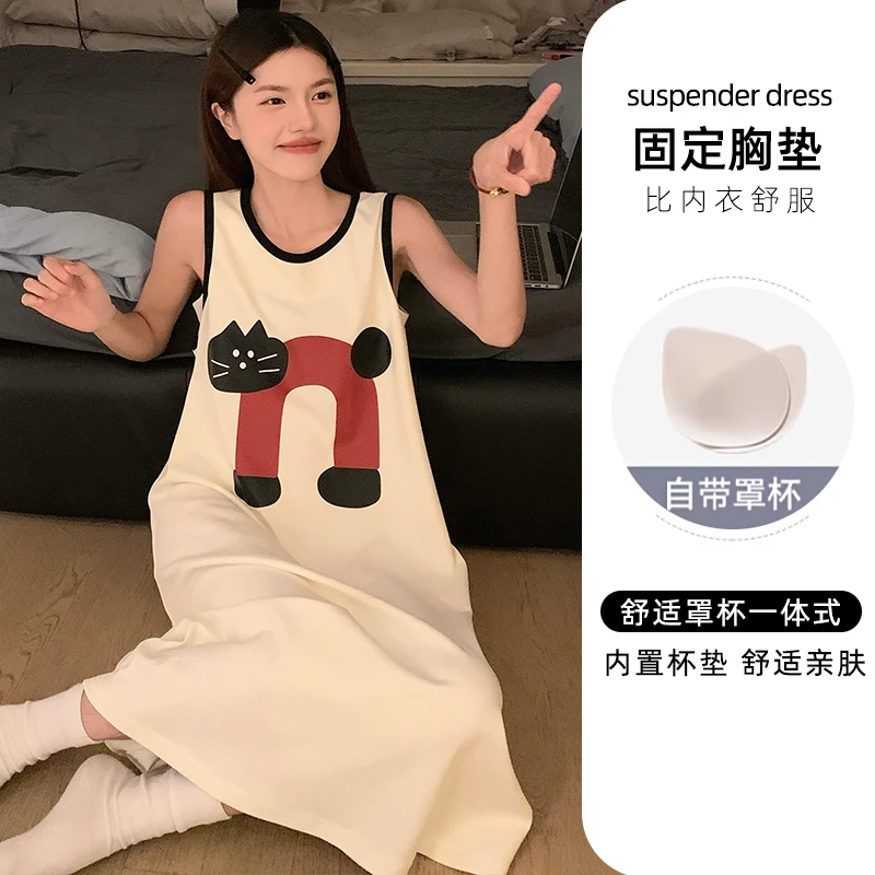 卡通女无袖夏圆领背心睡裙中长款舒服卡通小猫动漫睡裙带胸垫夏季