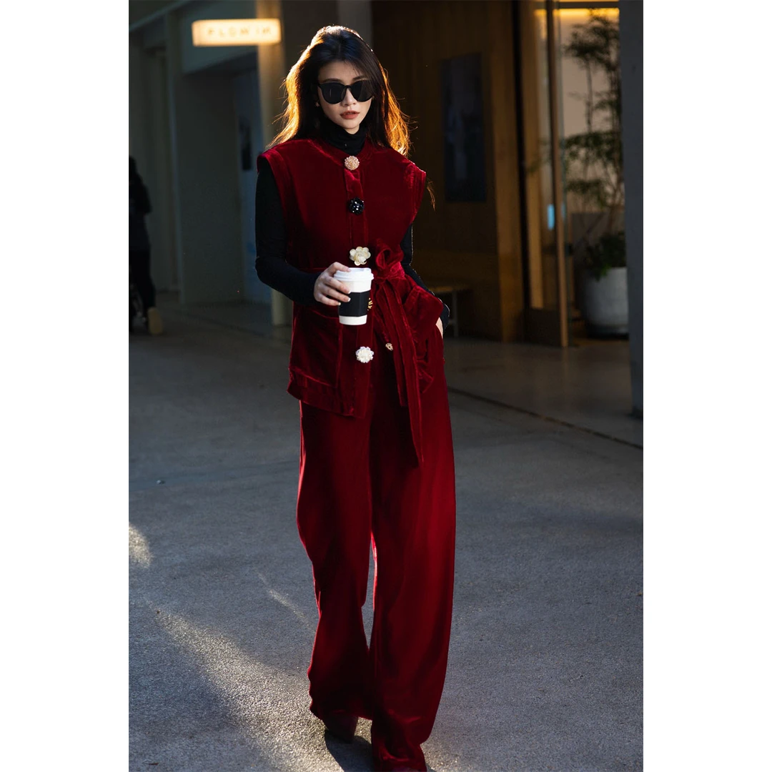 2025早秋新款高级秋冬真丝丝绒马甲阔腿裤套装两件套休闲松驰感女