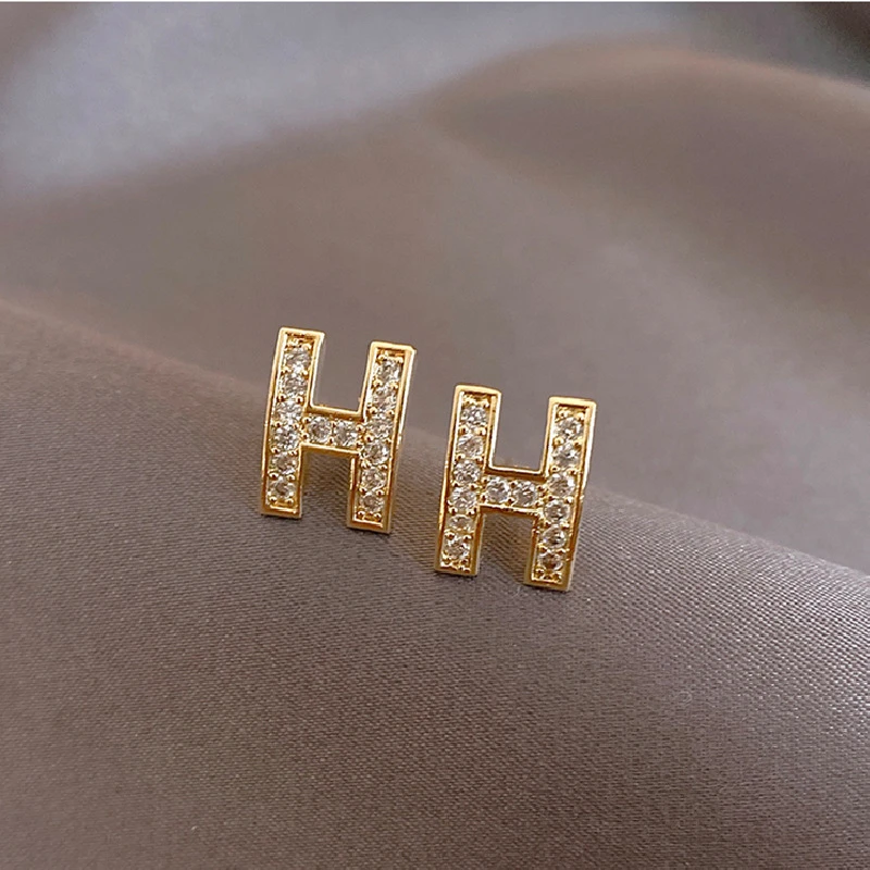 合金耳饰 【直播专属链接勿拍】H字母满钻耳钉ins小众设计高级
