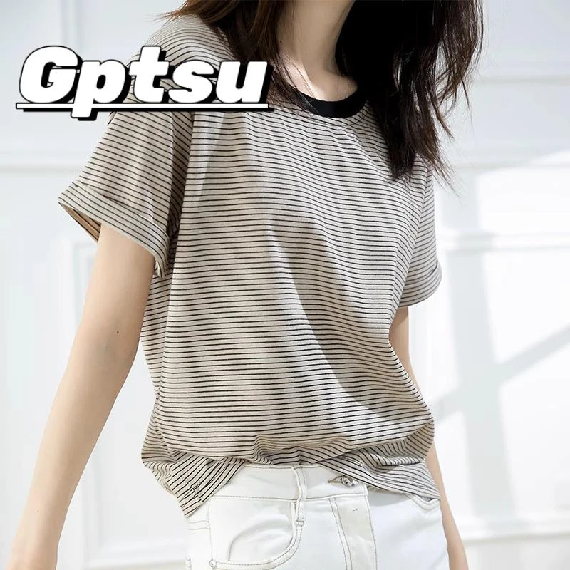 GPTSu2025年女装时尚新款夏季高级感设计小众宽松条纹短袖t恤上衣