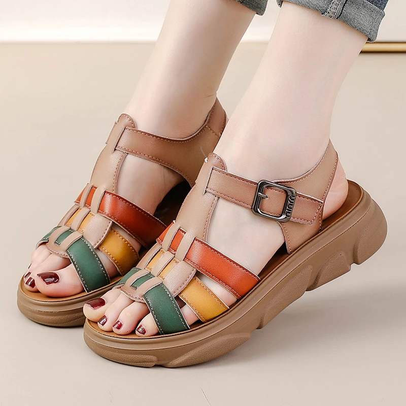 真皮民族风罗马凉鞋女厚底防滑舒适防水台中跟缝制中老年沙滩鞋女