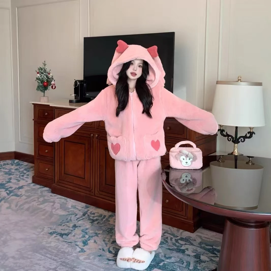 新款爱心刺绣连帽拉链套装冬季睡衣家居服套装家居服长款加厚套装