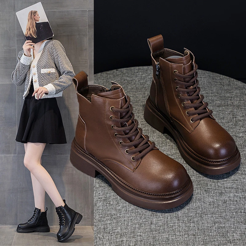 玛古芭女鞋时尚厚底内增高复古马丁靴女轻便潮流爆款加绒保暖短靴
