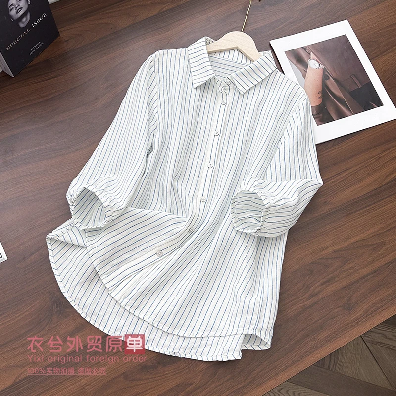 (韩系竖条纹亚麻衬衫)900春夏轻薄舒适休闲七分袖衬衫外套W