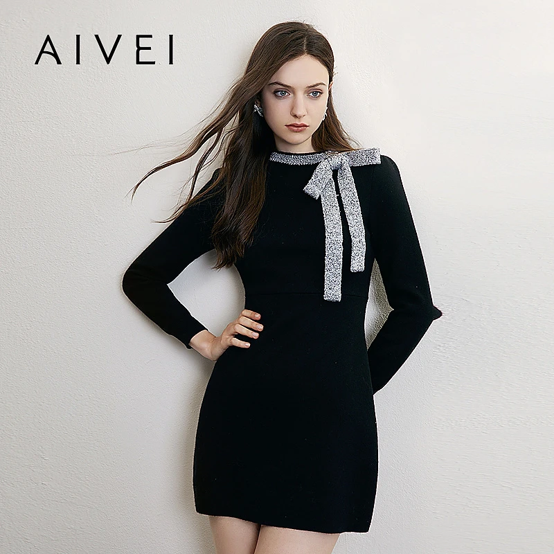 AIVEI欣贺艾薇新优雅赫本蝴蝶结小黑裙针织连衣裙R758111A