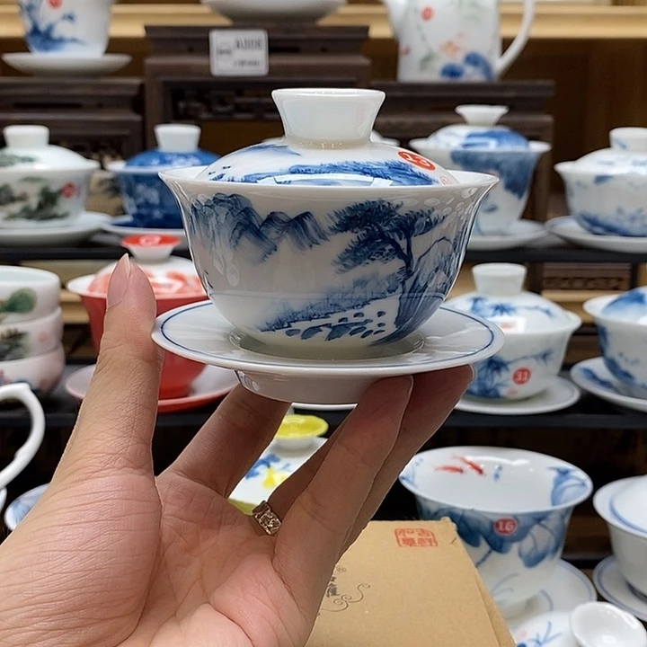 手绘山水盖碗120cc釉下彩微瑕福利款