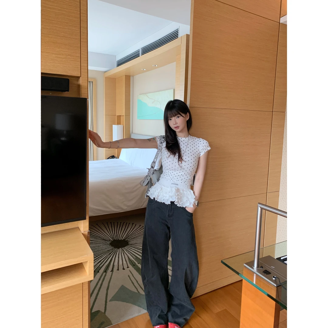 ANA【Trendy】复古水洗黑高级感百搭廓形阔腿直筒显瘦弯刀裤裤子