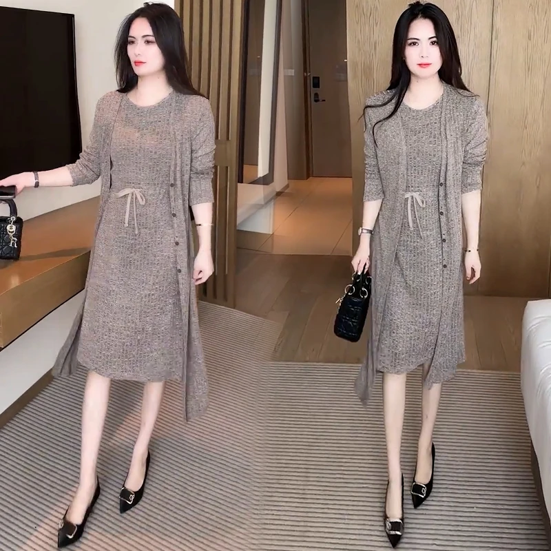 时尚洋气连衣裙套装女2025秋季显瘦气质减龄长款外披连衣裙两件套