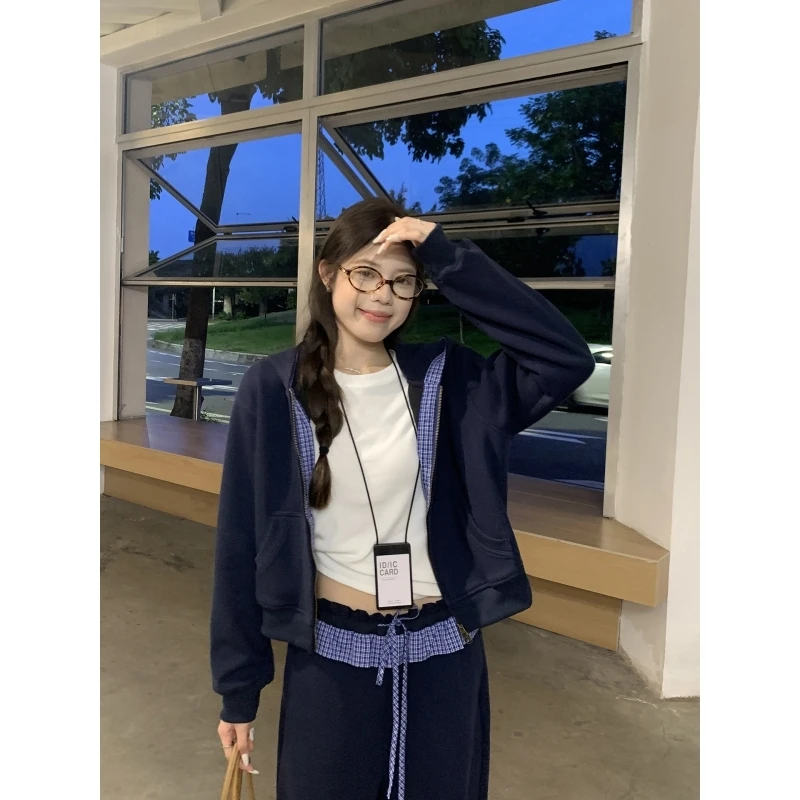 乌77美式复古时尚套装女连帽撞色格子外套花边抽绳休闲裤两件套秋
