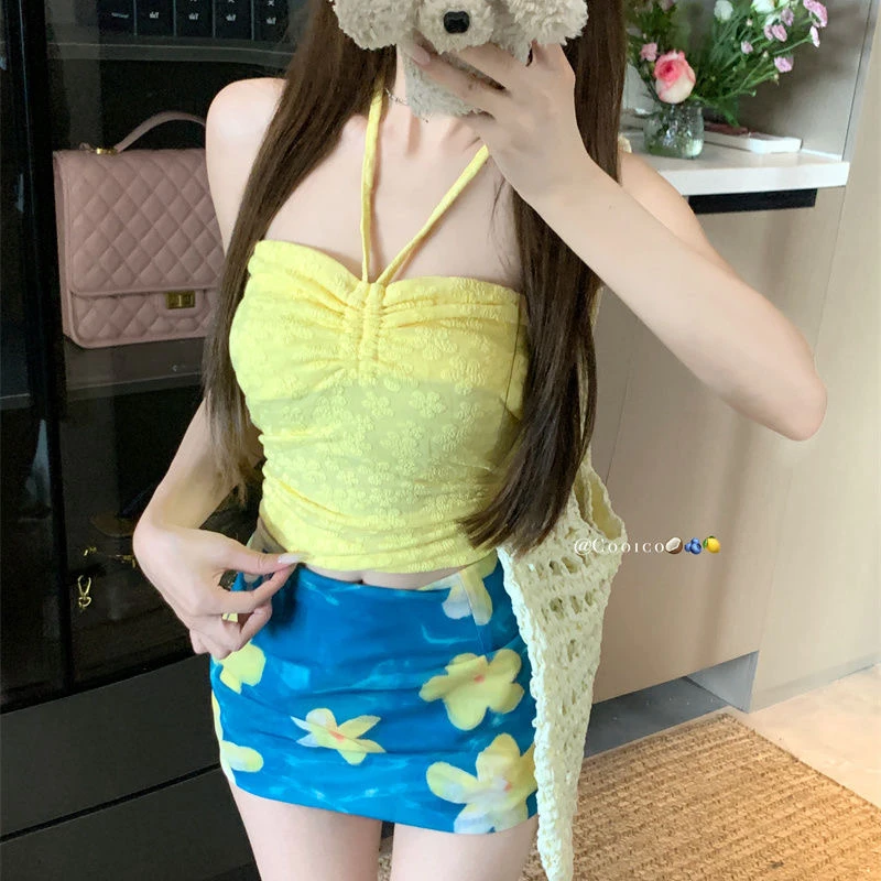 多巴胺碎花蕾丝吊带女泳衣泰式辣妹一字肩挂脖抹胸比基尼女25061