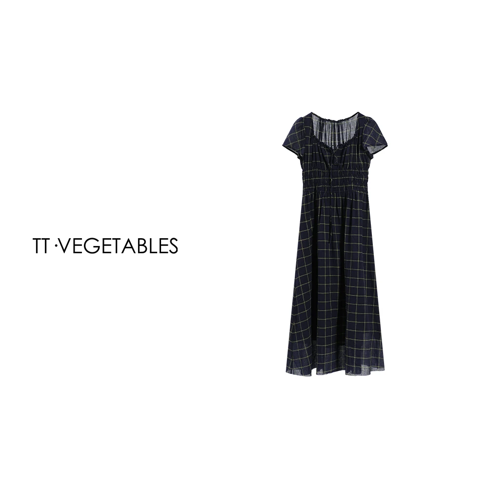 TT・VEGETABLES【序白】藏青格 纯棉格子裙简约宽松圆领连衣裙512052