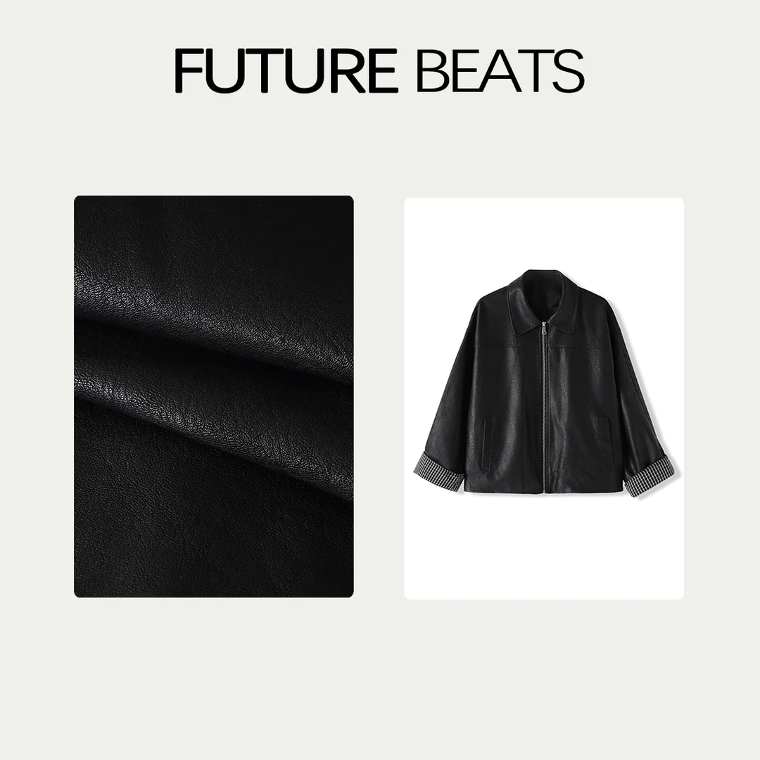 FUTURE BEATS时髦质感黑色小翻领袖口翻边阔版皮衣外套SPG95051