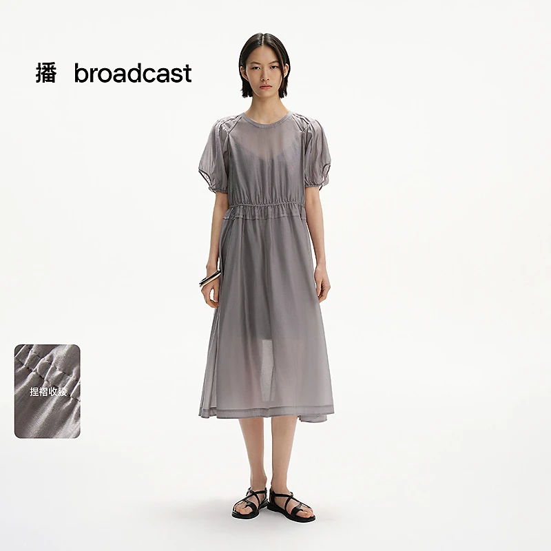 【达人专属】播简约时尚圆领泡泡袖夏季拼接中长款连衣裙DDS2LD5004
