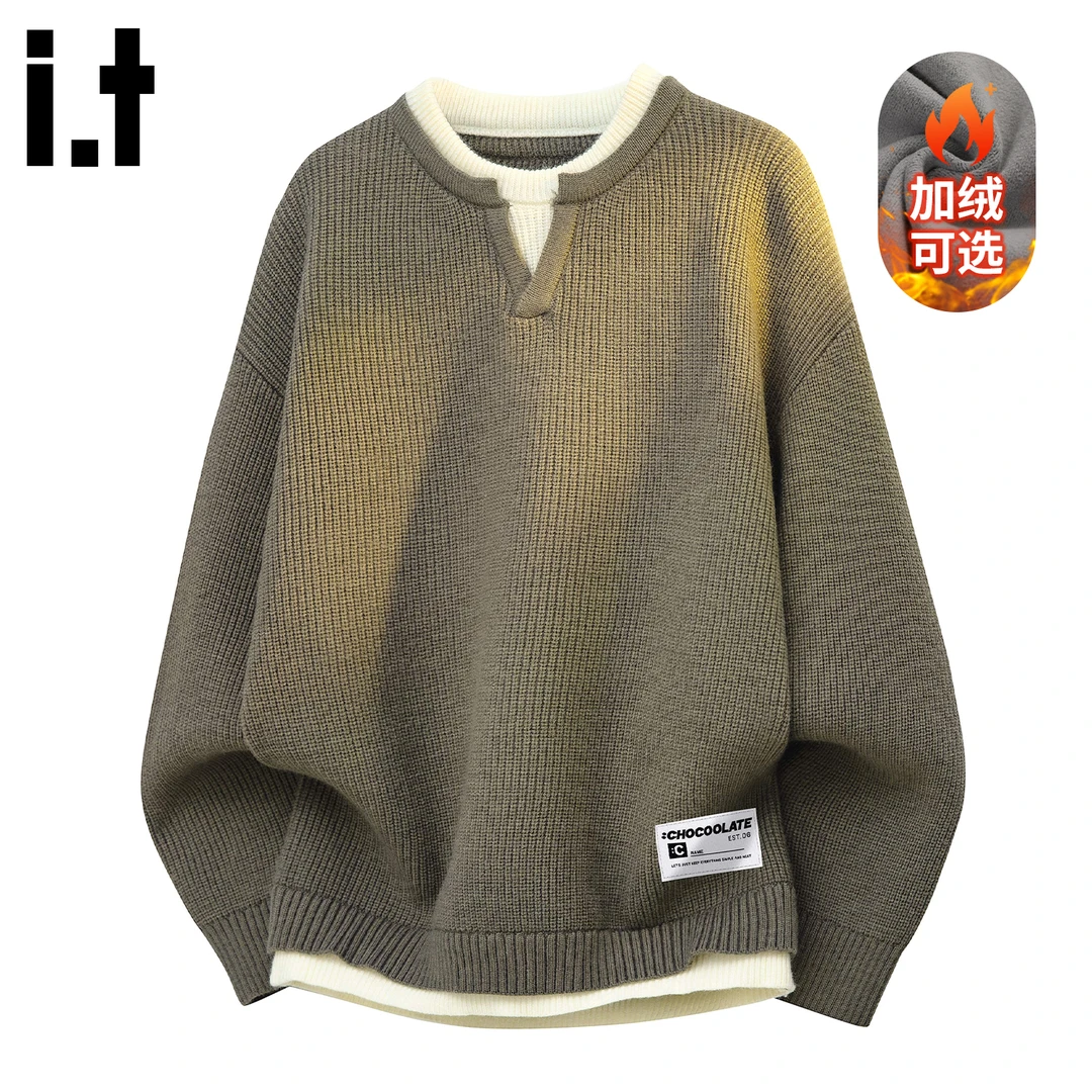 i.t:CHOCOOLATE假两件加绒针织毛衣男士2025秋冬新款潮流长袖上衣