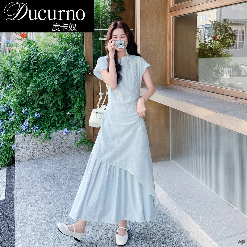 新中式法式连衣裙气质女裙子夏季新款时尚修身显瘦假两件拼接长裙