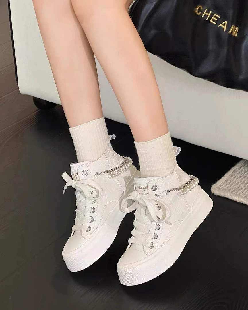 C2196 米色  时尚厚底圆头系带女休闲板鞋