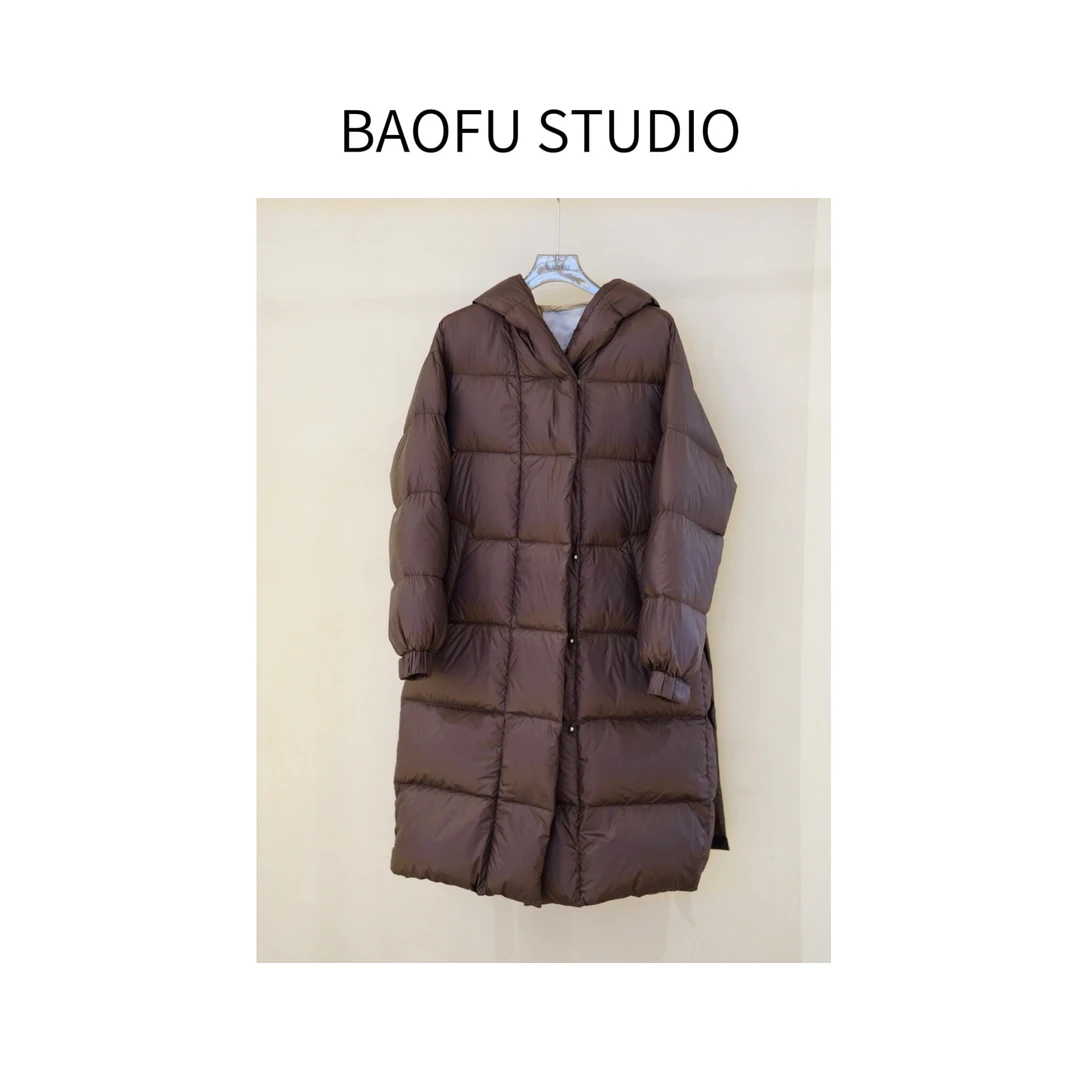 BAOFU studio｜巧克力经典宽绗缝鹅绒服显瘦连帽中长款白鹅羽绒服