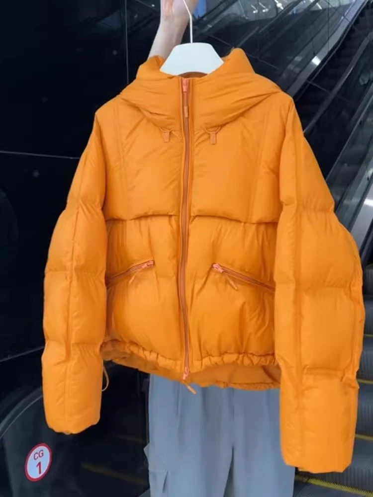 橘色短款连帽拉链棉服外套女2025冬季多巴胺气质保暖加厚外穿棉袄