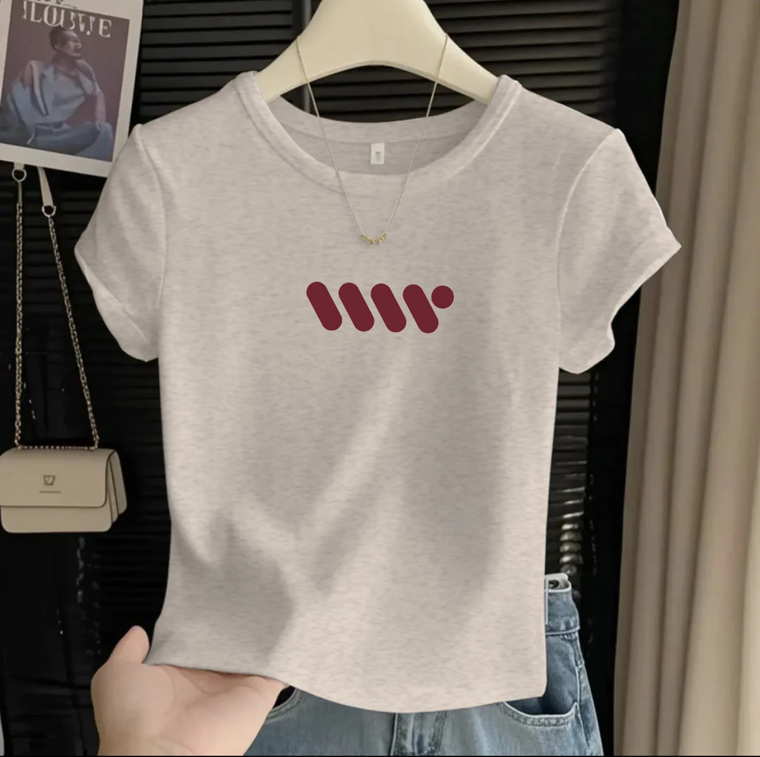 白灰色正肩圆领短袖t恤女夏季新款修身内搭打底螺纹棉上衣显瘦