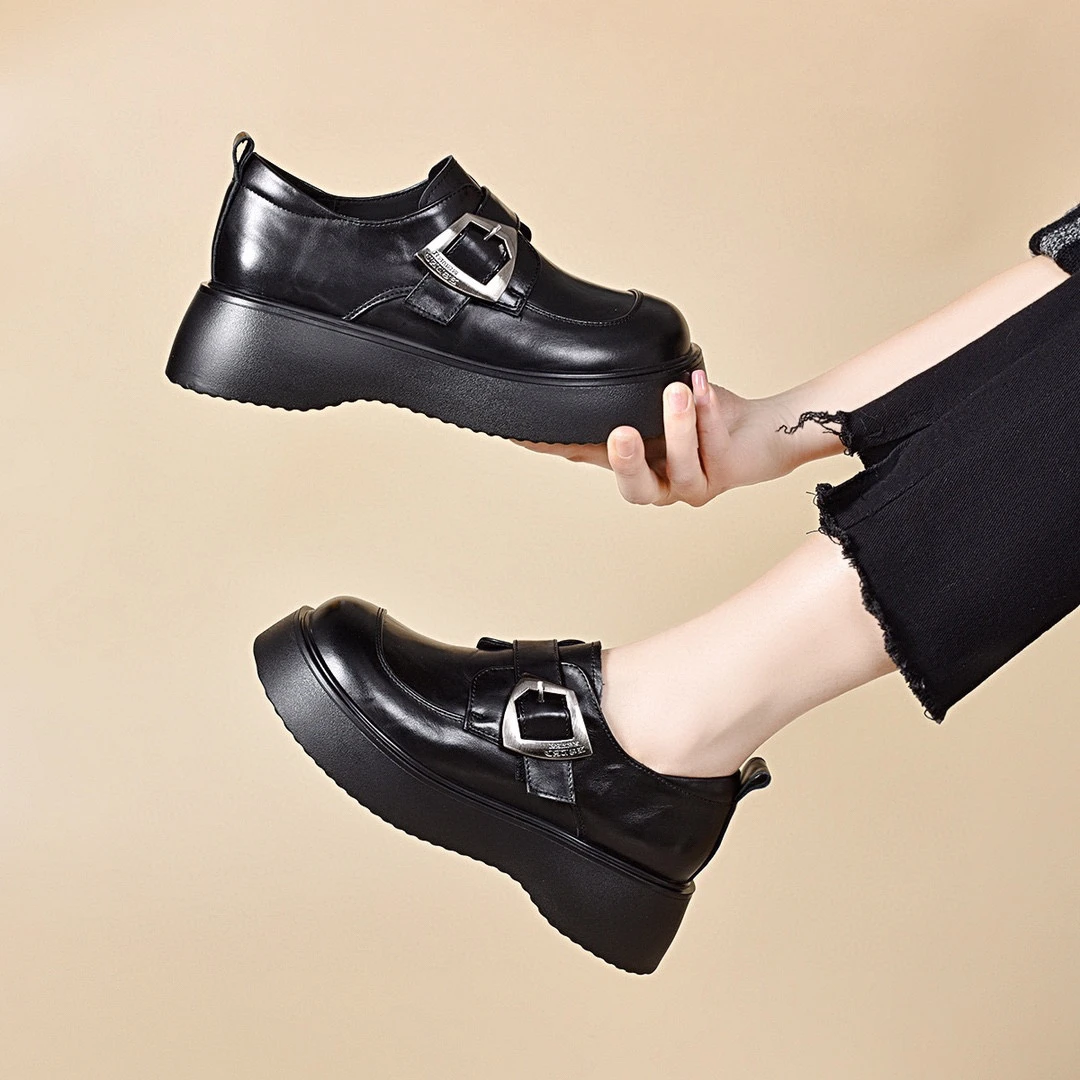 N2025春秋新款时尚坡跟中跟粗跟圆头厚底百搭深口英伦风小单鞋