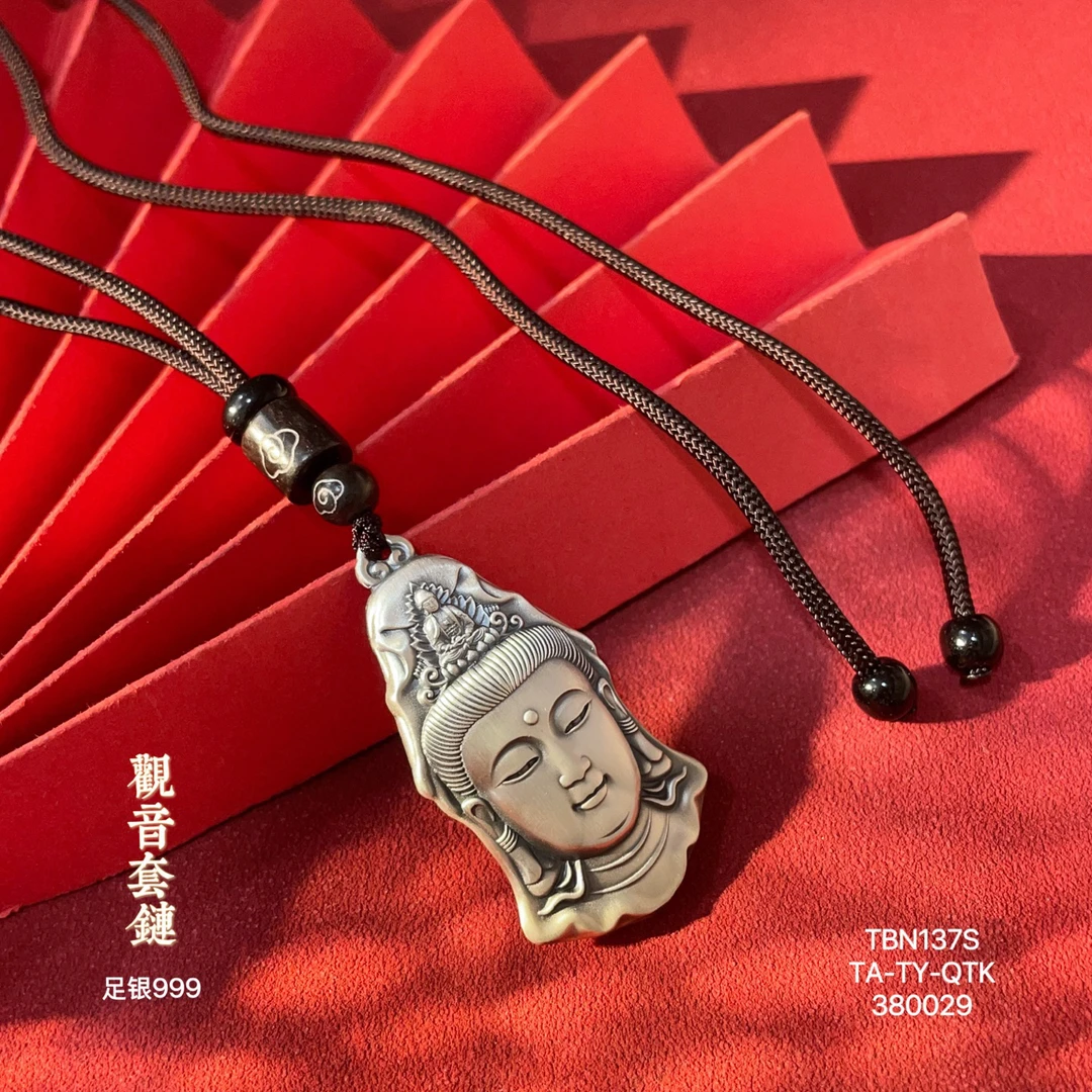 吊坠足银 999足银观音头吊坠男士复古观音菩萨项坠挂件佛像银挂坠