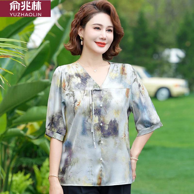 俞兆林妈妈夏装套装洋气国风中年小衫上衣中老年女款宽松遮肚子夏