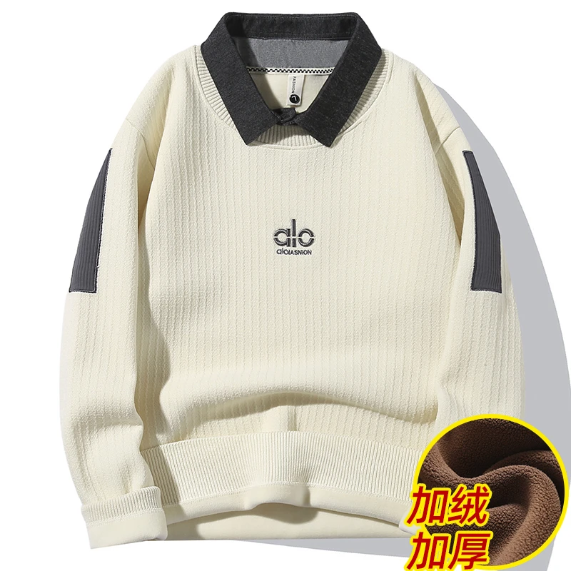 秋冬季青年男士毛衣假两件衬衫领上衣加绒加厚宽松休闲保暖针织衫