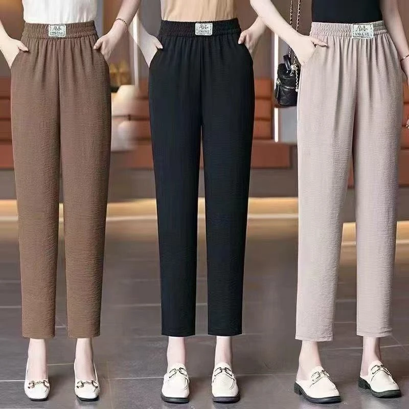 新款舒适高腰妈妈休闲裤夏季薄款九分裤松紧腰百搭女裤