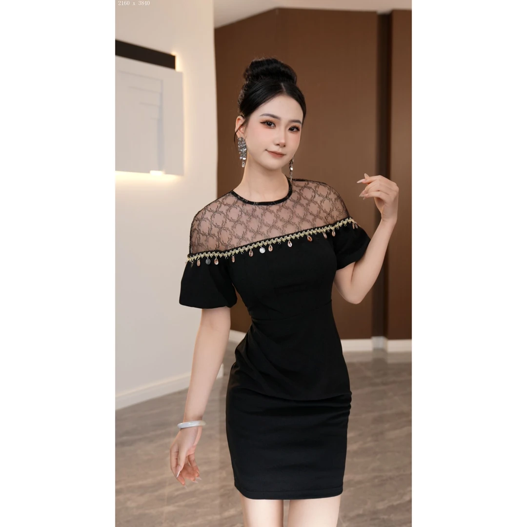 轻奢拼接显瘦名媛包袖连衣裙常规晚礼服简约通勤夏季-21854