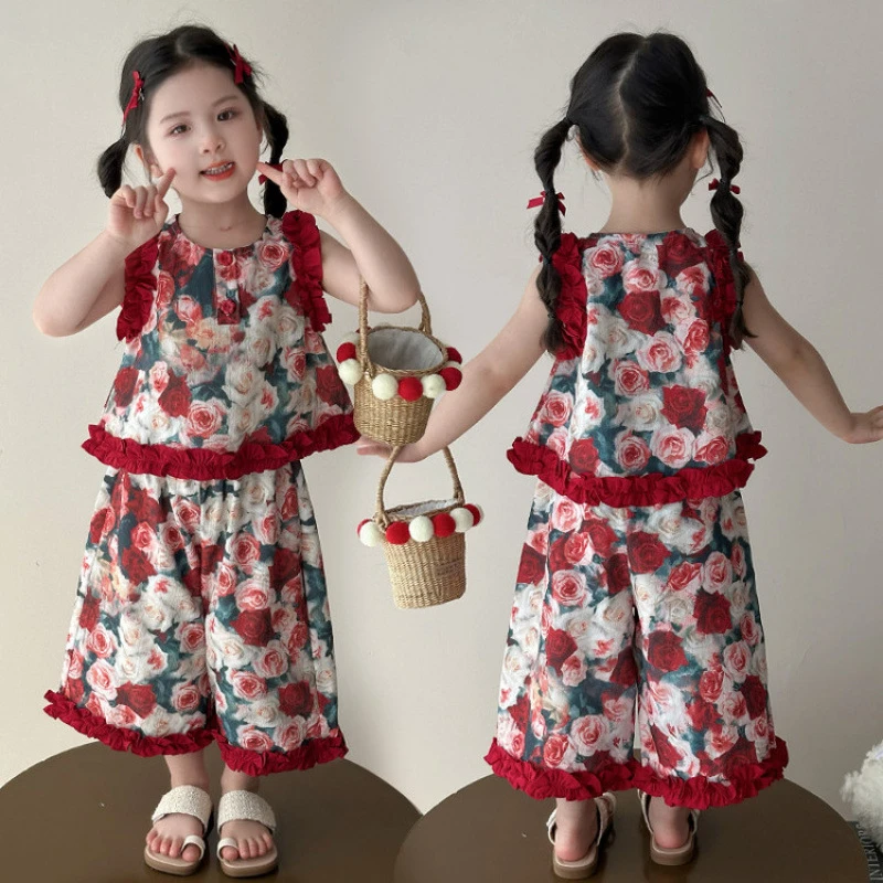 女童夏季套装2025新款独特绝美漂亮超好看洋气时髦女宝碎花两件套