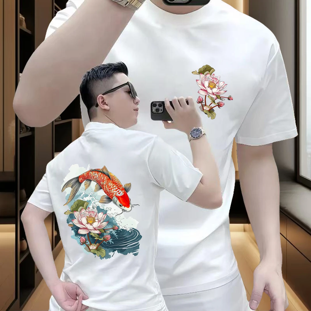 国潮痞帅重磅纯棉短袖-荷花正好 国风宽松百搭上衣休闲圆领宽松