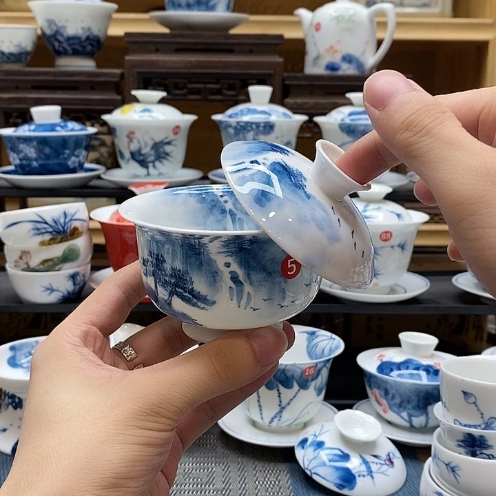 手绘玉龙下山盖碗高温瓷釉下彩微瑕福利款